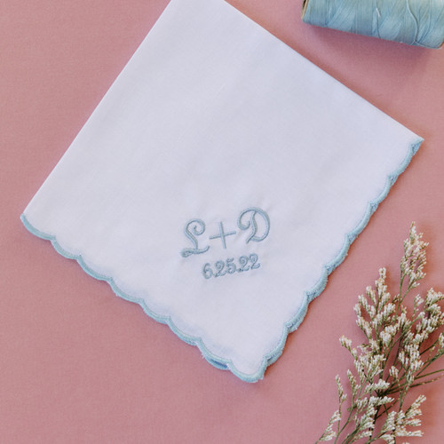 Blue Scalloped Edge Handkerchief with monogram and wedding date in powder blue on pink background