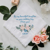 Bridal handkerchief embroidered with personalized message, wedding date and beautiful flowers.