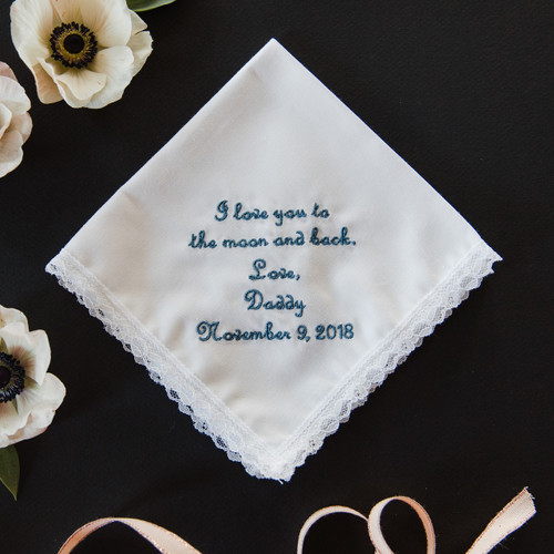 Bridal handkerchief embroidered with I Love You To Moon & Back message and wedding date.