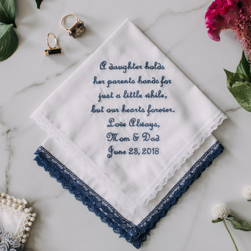 Daughter bridal handkerchief embroidered with your name and wedding date. Shown in navy thread.