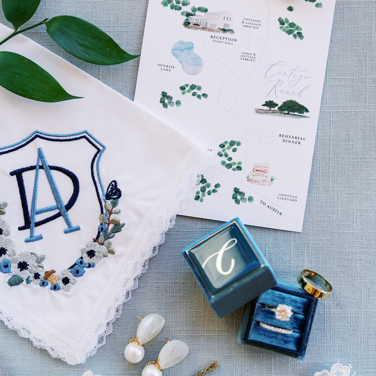 Custom embroidered wedding crest handkerchief using crest designed by Papergarten.
