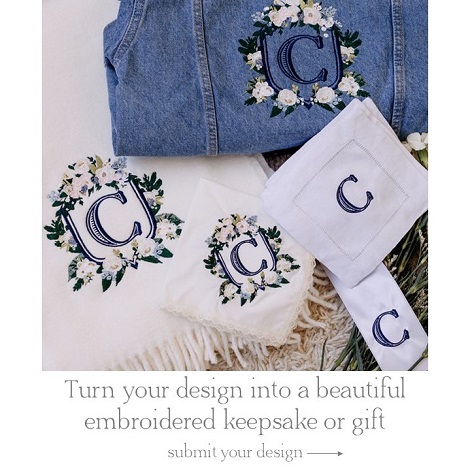Custom gifts embroidered with your custom crest or monogram. Shown are blanket, handkerchief, floral ribbon, cocktail napkin, jacket with embroidered floral crest.