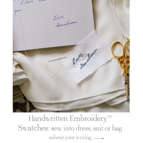 Embroidered fabric swatches with your handwriting to sew into a wedding dress or suit