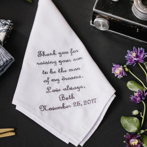 Father In Law Handkerchief embroidered with a message, name and wedding date