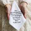Father of the Bride handkerchief embroidered with a message for dad and personalized with name and date.