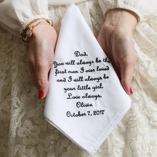 Father of the Bride handkerchief embroidered with a message for dad and personalized with name and date.