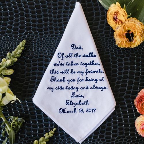 Father of the Bride handkerchief embroidered with a message to dad & personalized name and date. Embroidery in navy.