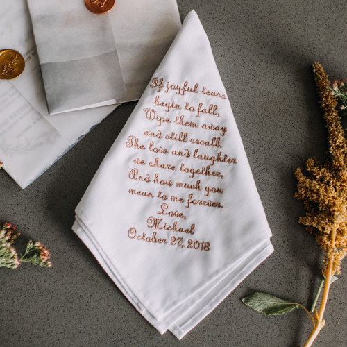 Handkerchief for your grandfather embroidered with a wedding message, name and date