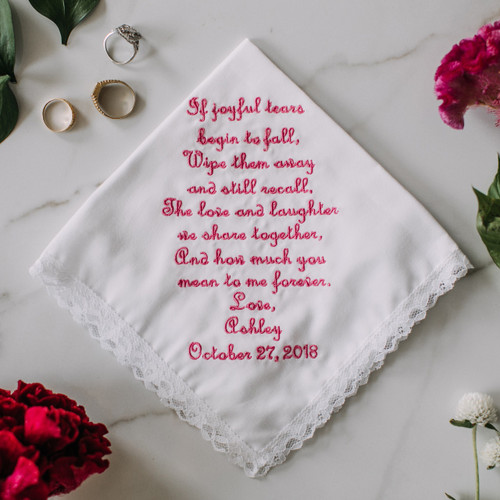 Grandmother handkerchief personalized with message, name and wedding date. 
