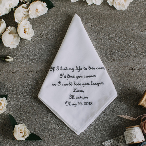 Handkerchief for the groom embroidered and personalized with wedding date and name. Shown in dark grey thread.