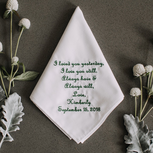 Groom handkerchief personalized with embroidered message, name and wedding date
