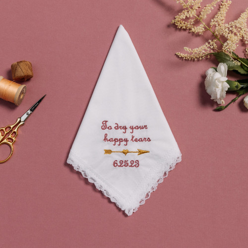 Happy tear white lace handkerchief with embroidered message, personalized date and arrow in matte gold.