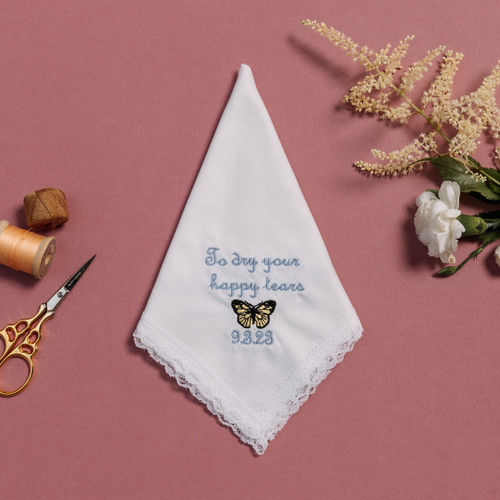 Happy tear white lace handkerchief personalized with embroidered happy tear message and and butterfly.