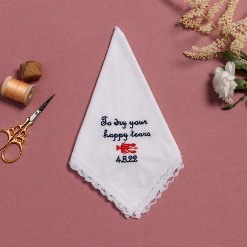 Happy tear white lace handkerchief embroidered with a personalized message "to dry your happy tears" and a lobster.