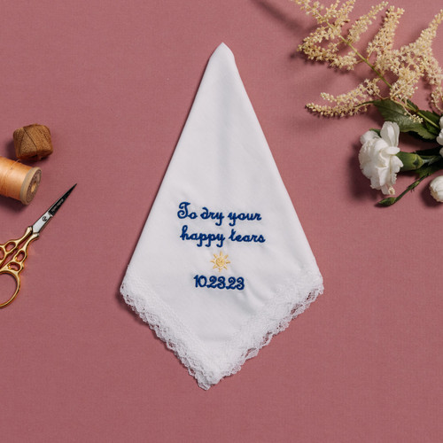 Happy tear white lace handkerchief with embroidered message, personalized date and sun in yellow gold.