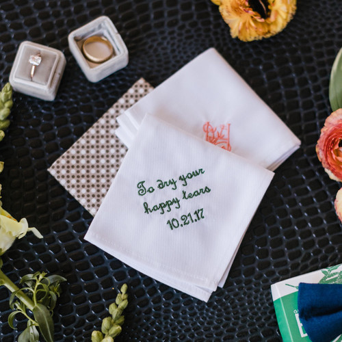 Men's wedding handkerchief embroidered with happy tear message and date