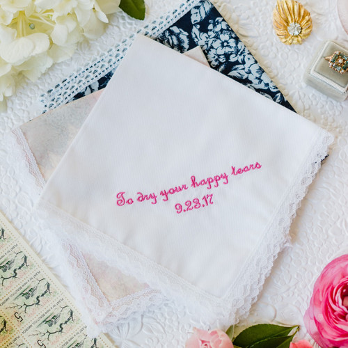 Women's handkerchief embroidered with happy tears message and date