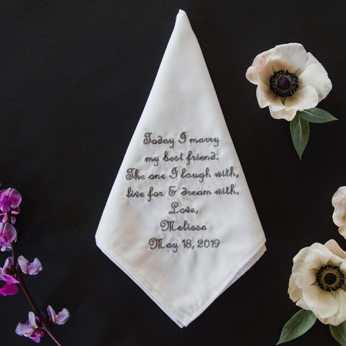 Groom handkerchief embroidered with wedding message and date