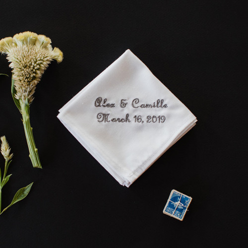 Men's Embroidered Wedding Handkerchief with personalized names and wedding date. Embroidery is shown in grey.