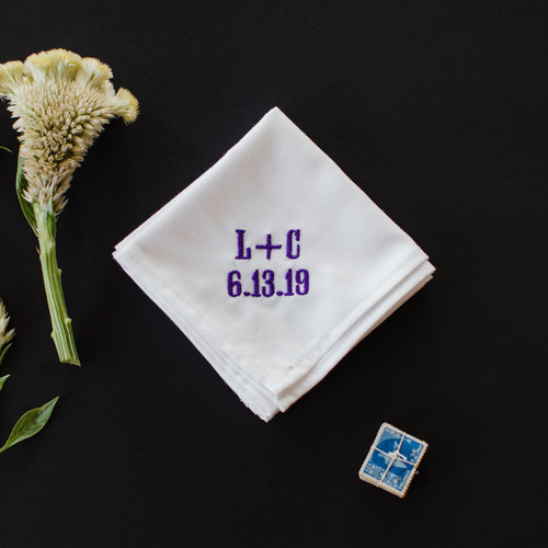 Men's wedding handkerchief with embroidered monogram and wedding date.  Custom embroidery in purple thread.