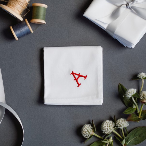 Monogrammed men's handkerchief with gothic embroidered monogram style. Handkerchiefs are white with red embroidery.