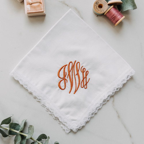Monogrammed women's handkerchief embroidered in burnt sienna thread color.  Dainty Lace White handkerchief style.