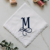 Monogrammed women's handkerchief with large initial. Embroidery is is shown in navy blue on our Dainty White Lace handkerchief. Customer can enter their own initial and pick their embroidery color.