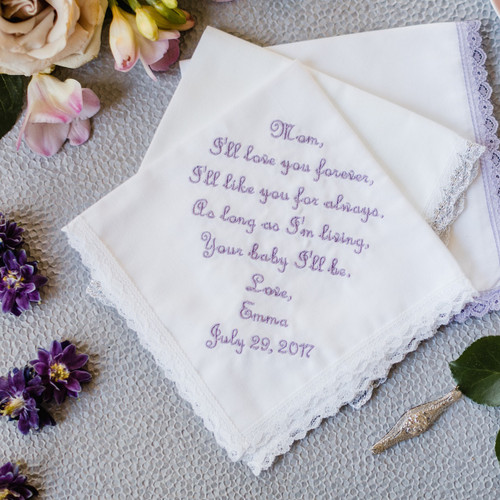 Mother of the Bride handkerchief embroidered in lavender with name and wedding date.