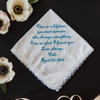 Embroidered handkerchief for the bride from her spouse. Personalized with name and date.