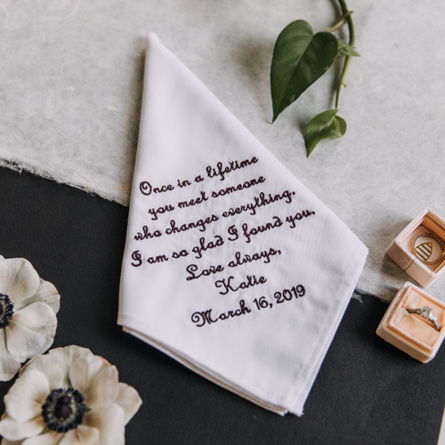Groom Wedding Handkerchief embroidered with a message & personalized with name & date.