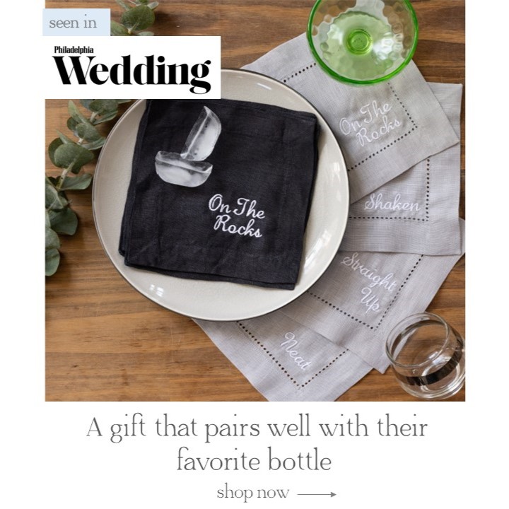 Embroidered cocktail napkins seen in Philadelphia Wedding Magazine.