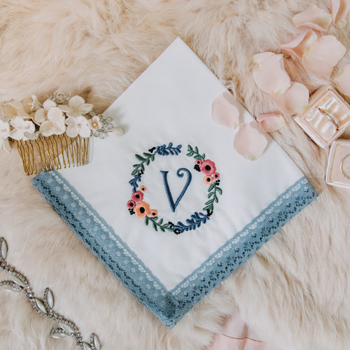 Something blue wedding handkerchief embroidered with floral wreath & monogram for women.