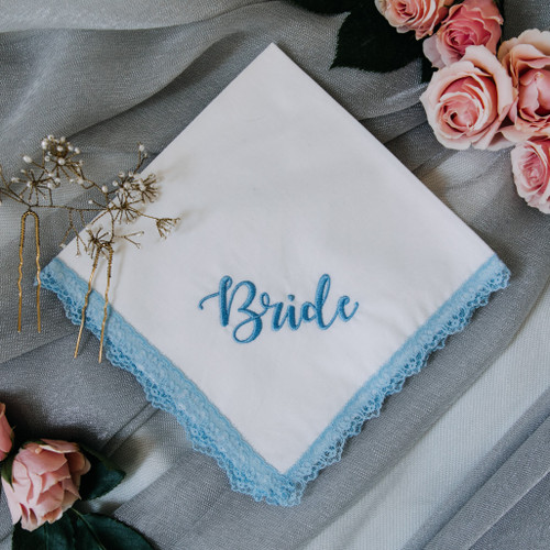 Something Blue handkerchief embroidered with bride in powder blue thread