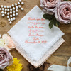 white lace wedding handkerchief with customized message in peach
