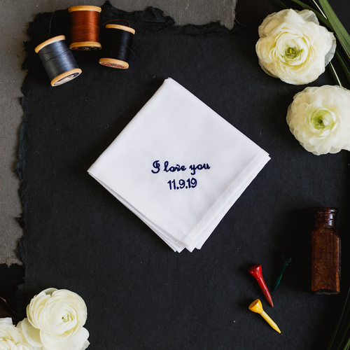 Father of the bride handkerchief with embroidered I love you message and personalized wedding date.