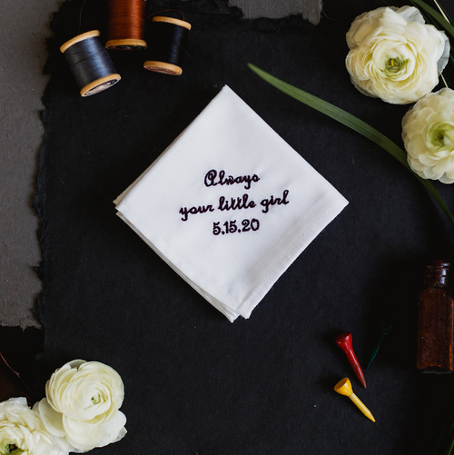 Father of the bride wedding handkerchief personalized with your wedding date for your dad. Embroidered in black thread.